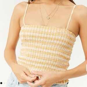 Forever 21 Yellow and White Gingham Textured Smocked Cropped Cami Top